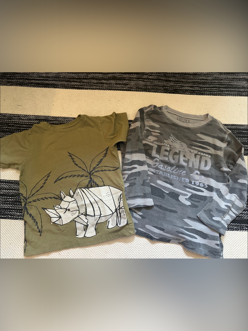Carter's Gray Camo Legend Tee and Maximus Rex Olive Rhino Tee